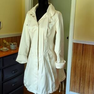A.B.S. Cream Hoodie Trench Coat With Fitted Waist And Flared Hem